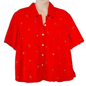 Amy K Su Orange Embroidered Fish Tencel Retro Button Front Shirt Plus Size 3X